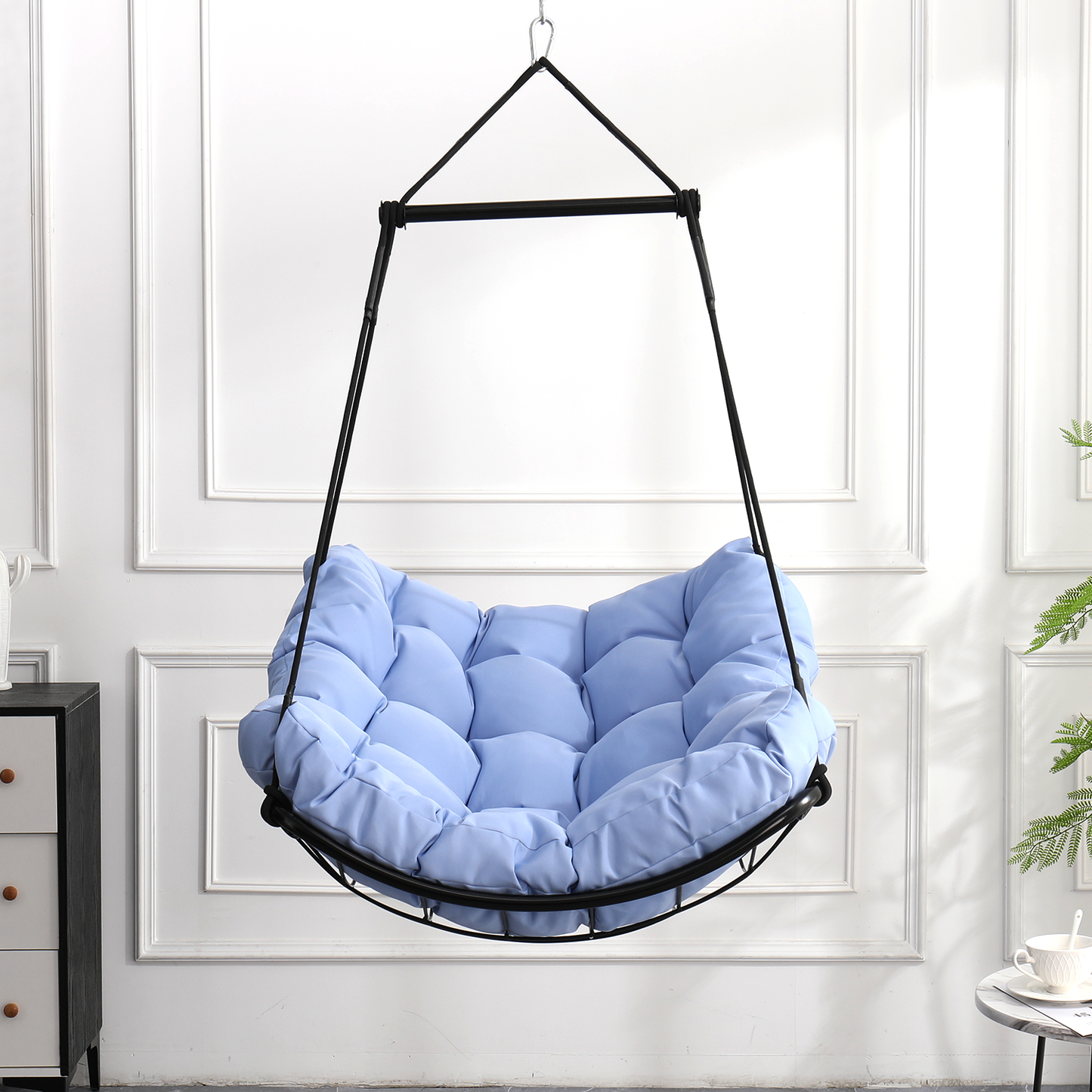Hammock Chair Swing with Cushion - Outdoor Indoor Hanging Hammock Chair for Patio, Porch, Bedroom, Garden, Courtyard, Balcony - Sturdy Steel Bar with Anti-Slip Safety Rings, BLUE
