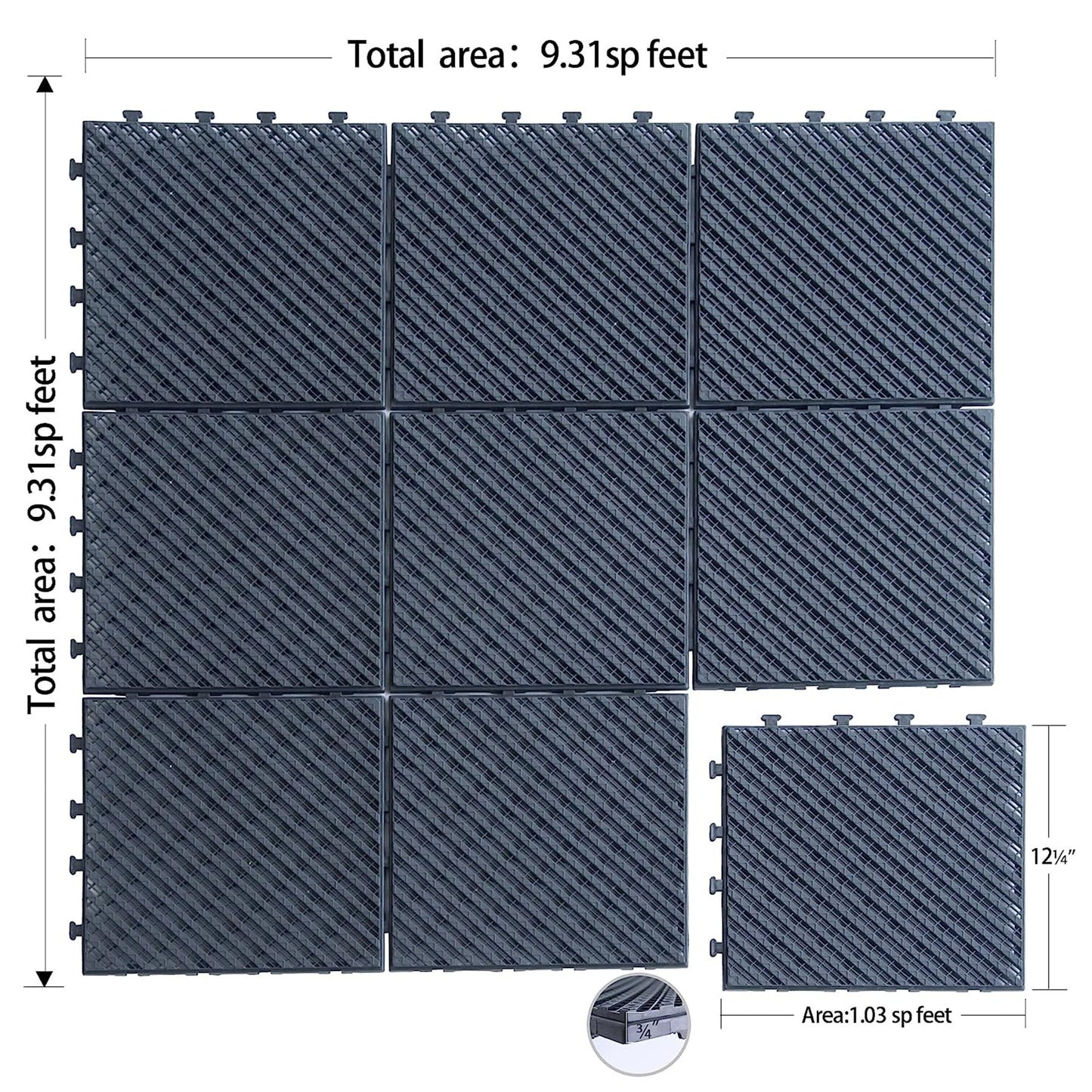 Patio Interlocking Deck Tiles, 12"x12" Square Composite Decking Tiles, Four Slat Plastic Outdoor Flooring Tile All Weather for Balcony Porch Backyard, (Dark Gray, Pack of 9)