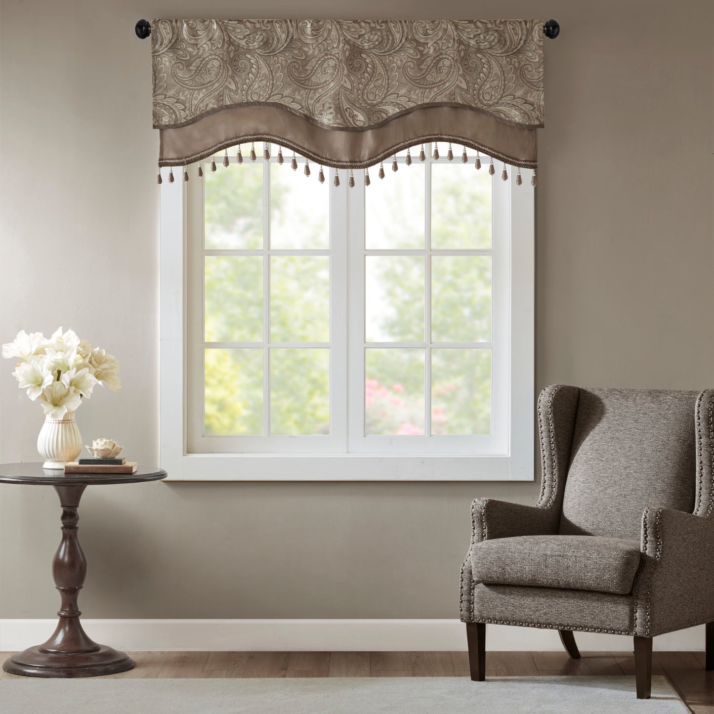 Jacquard Window Rod Pocket Valance With Beads Blue/Brown 50x18'