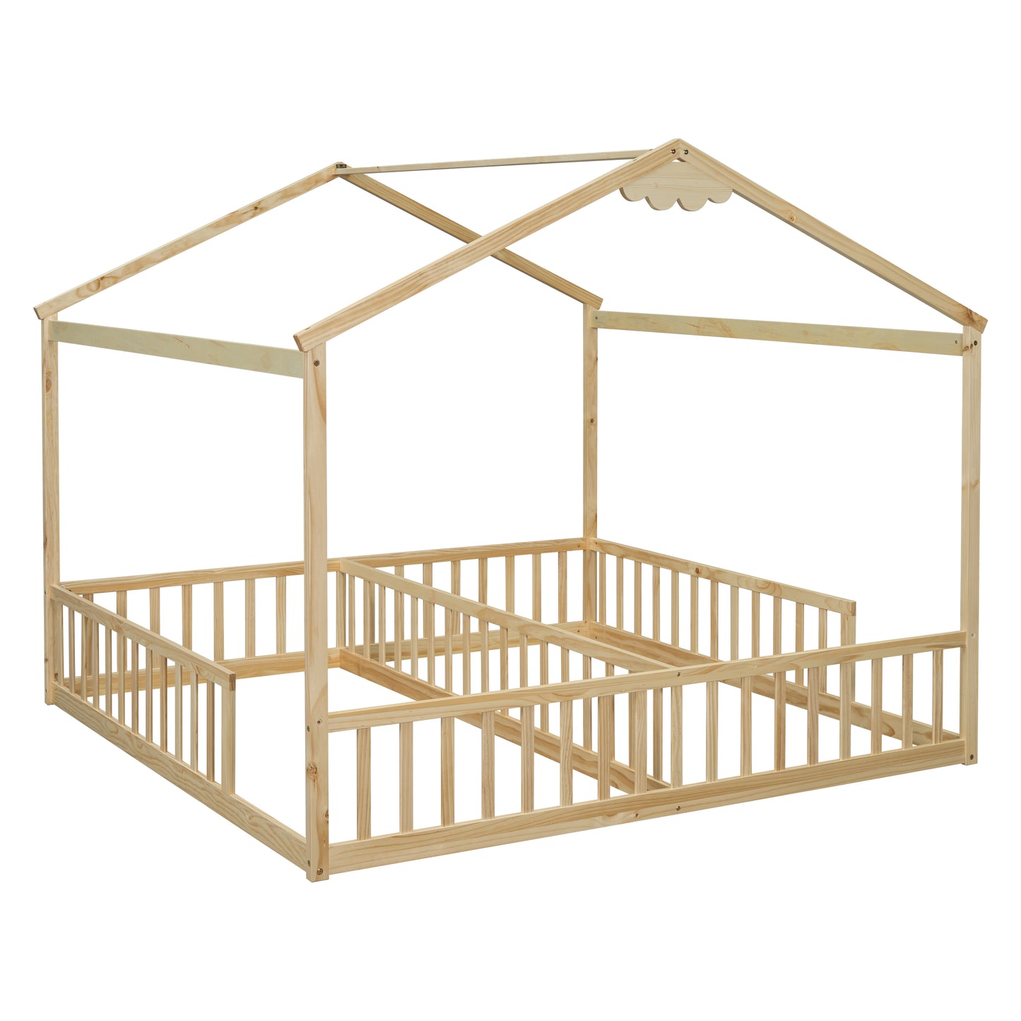 Double Twin House-Style Floor Bed with Fence, Guardrails, without door, Natural