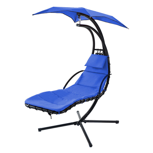 Hanging Chaise Lounger with Removable Canopy, Outdoor Swing Chair with Built-in Pillow, Hanging Curved Chaise Lounge Chair Swing for Patio Porch Poolside, Hammock Chair with Stand (Navt)