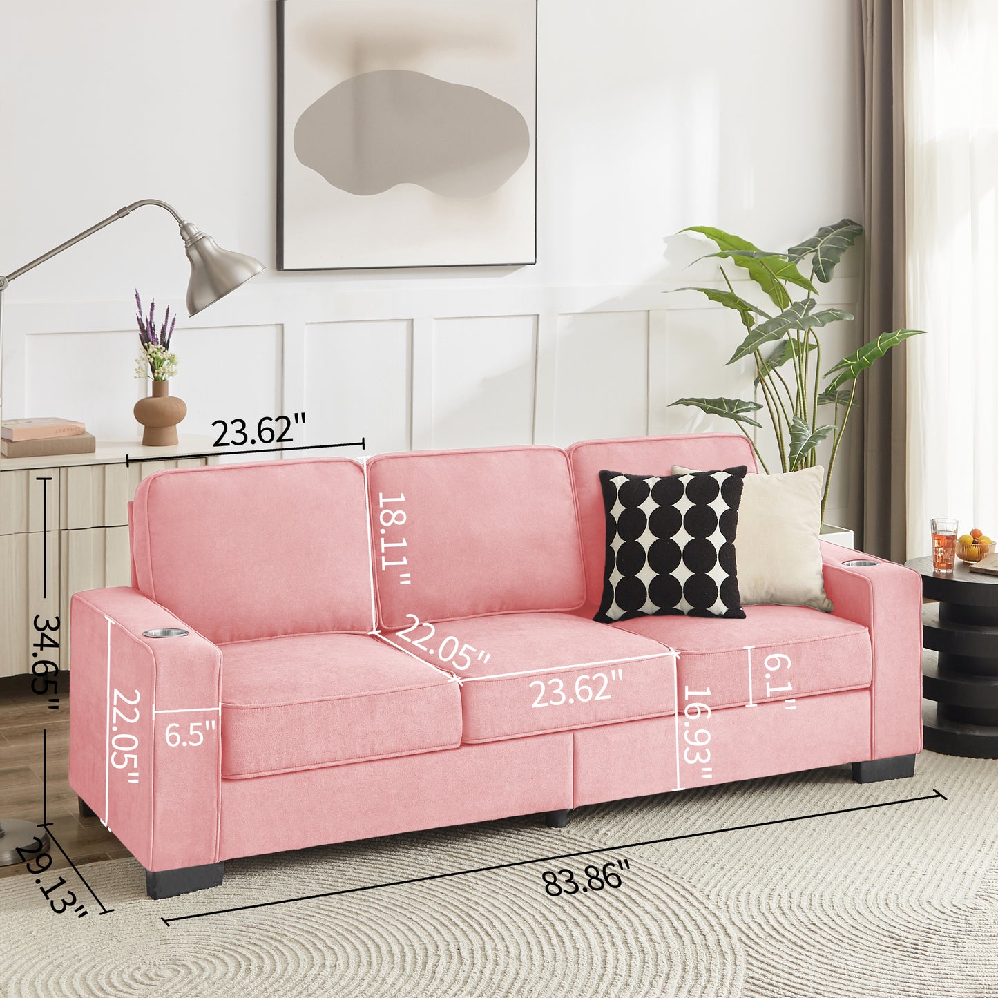 [SantaChoice] 83.86" Snowfleece Fabric sofa,Modern Compressed Couch,3-Seater Sofa, Furniture for Living Room,Bedroom,office ,Pink
