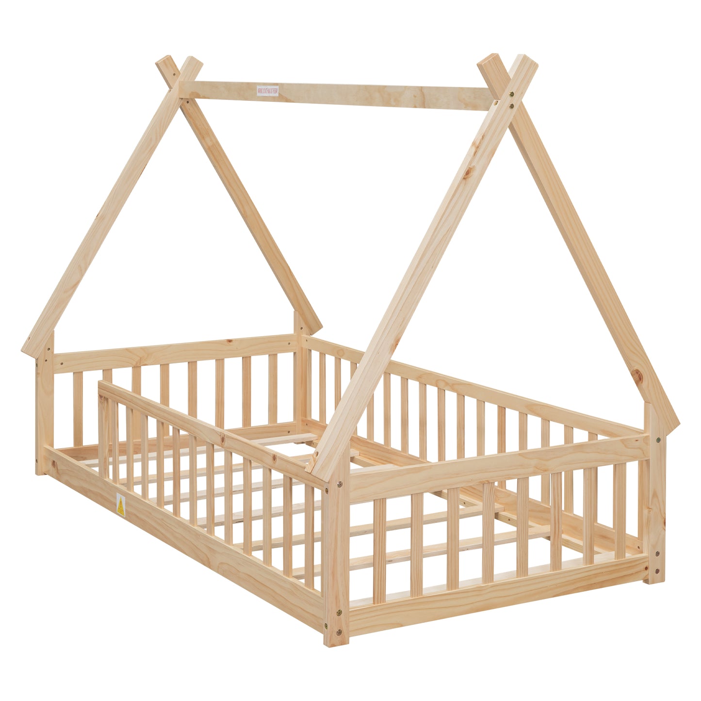 Twin Tent-shaped Floor Bed, Teepee Bed with Guardrails, Slats,Natural