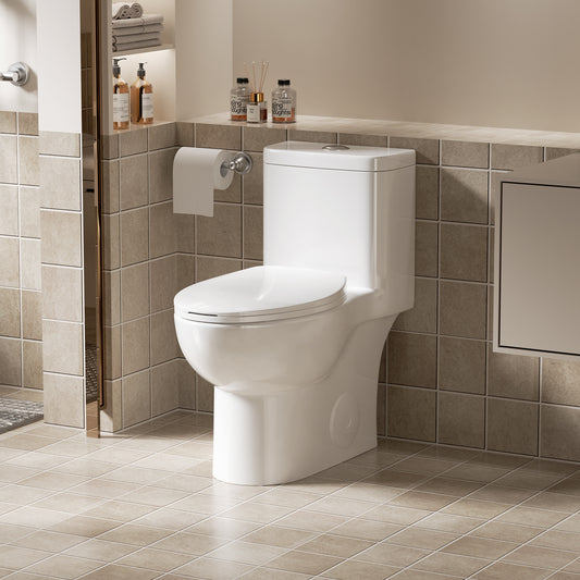 One Piece Toilet with Comfort Chair Seat ADA Height 17', Powerful Dual Flush Modern Toilet, 1.1/1.6 GPF, 12' Rough-In,Rimless Bowl with Soft Closing Seat,Gloss White GW-006