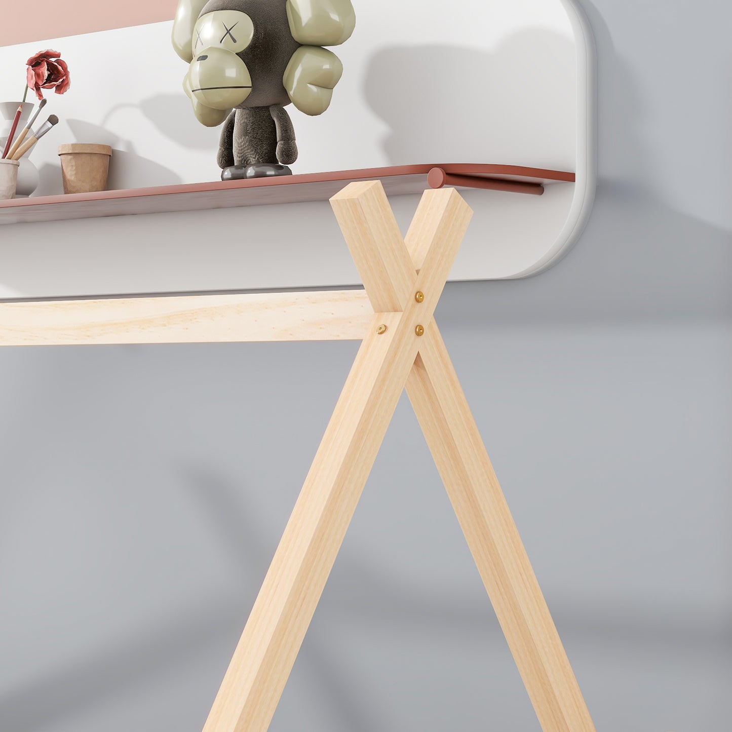 Twin Tent-shaped Floor Bed, Teepee Bed with Guardrails, Slats,Natural