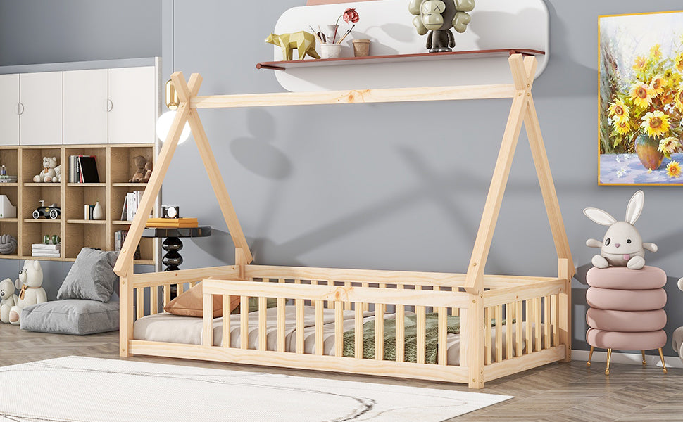 Twin Tent-shaped Floor Bed, Teepee Bed with Guardrails, Slats,Natural