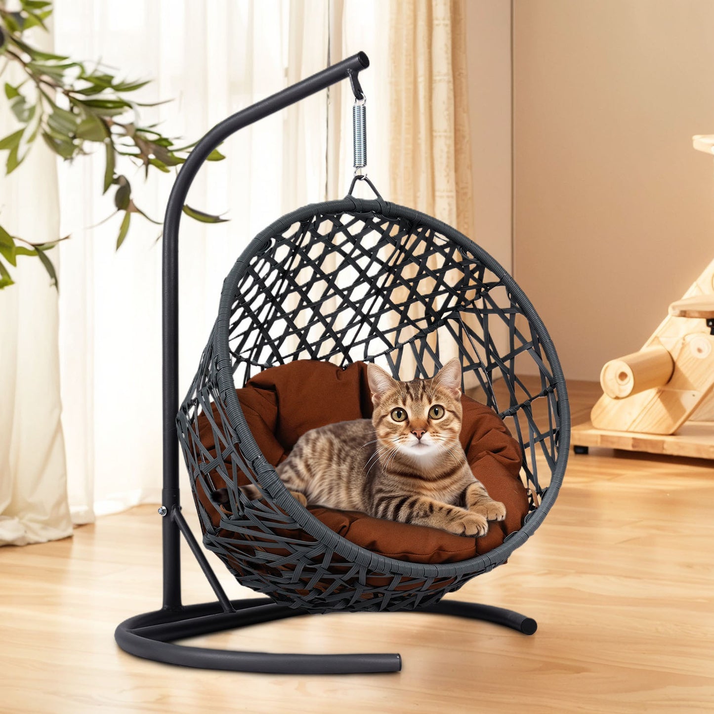 Cat Swing Bed with Stand & Cushion, Cat Egg Chair with Rattan Wicker Appearance, Indoor Hanging Swinging Cat Bed for Cats, Small Dogs, and Small Animals,Brown