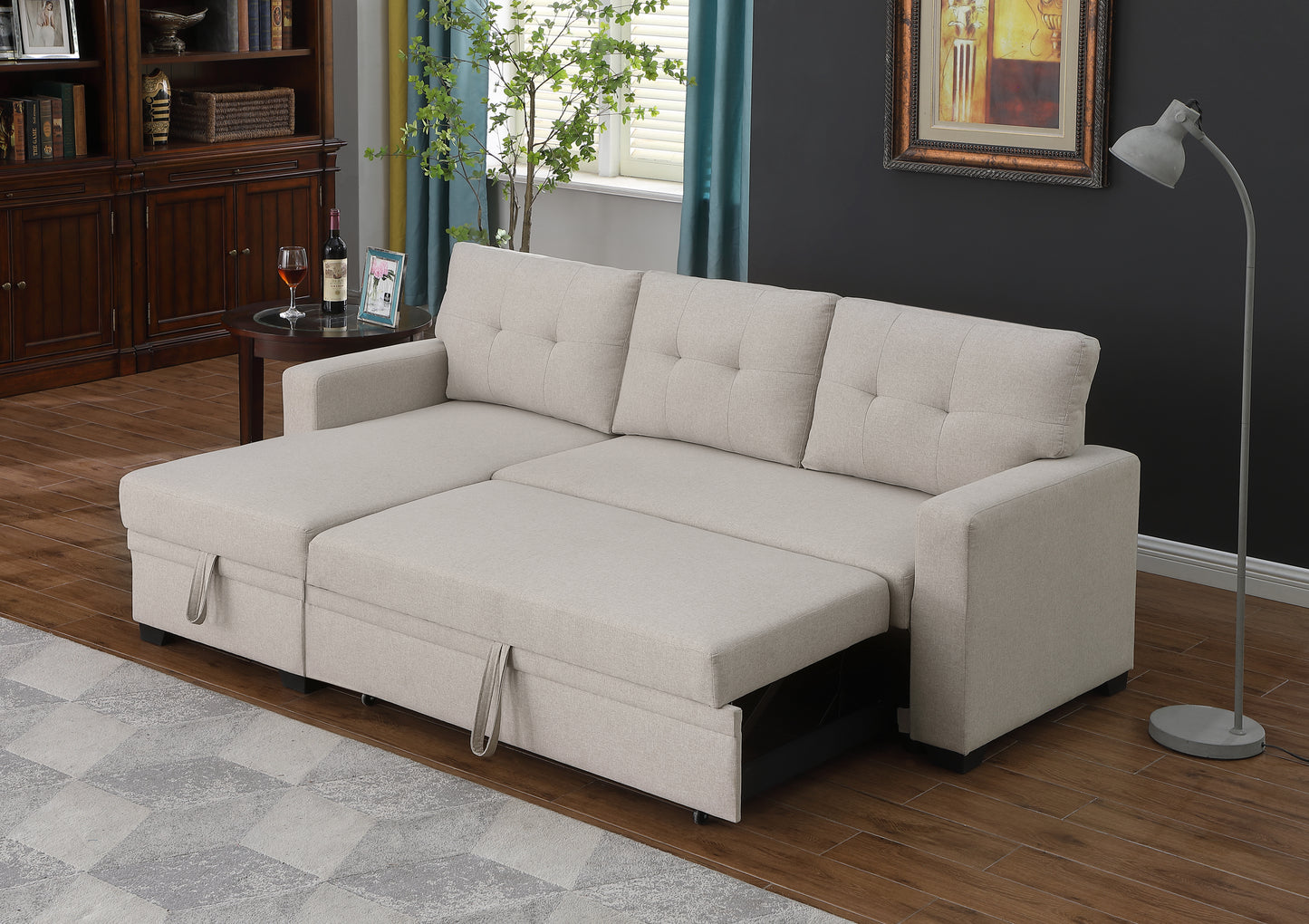 [SantaChoice] Upholstered Pull out Sectional Sofa with Chaise