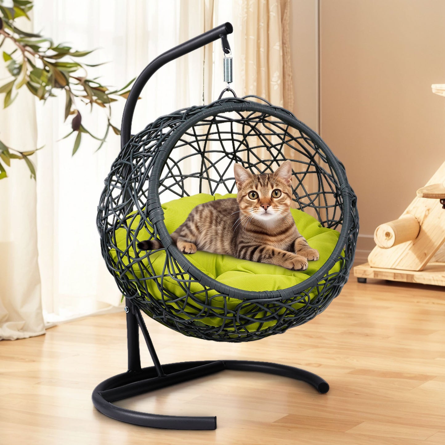 Cat Swing Bed with Stand & Cushion, Cat Egg Chair with Rattan Wicker Appearance, Indoor Hanging Swinging Cat Bed for Cats, Small Dogs, and Small Animals, Green