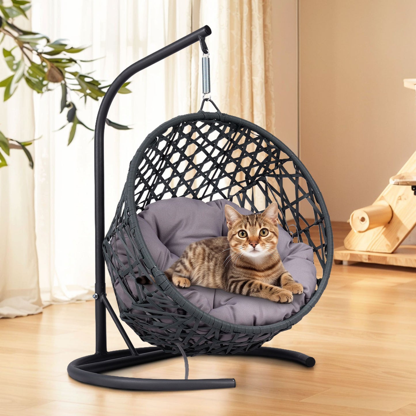 Cat Swing Bed with Stand & Cushion, Cat Egg Chair with Rattan Wicker Appearance, Indoor Hanging Swinging Cat Bed for Cats, Small Dogs, and Small Animals, Gray