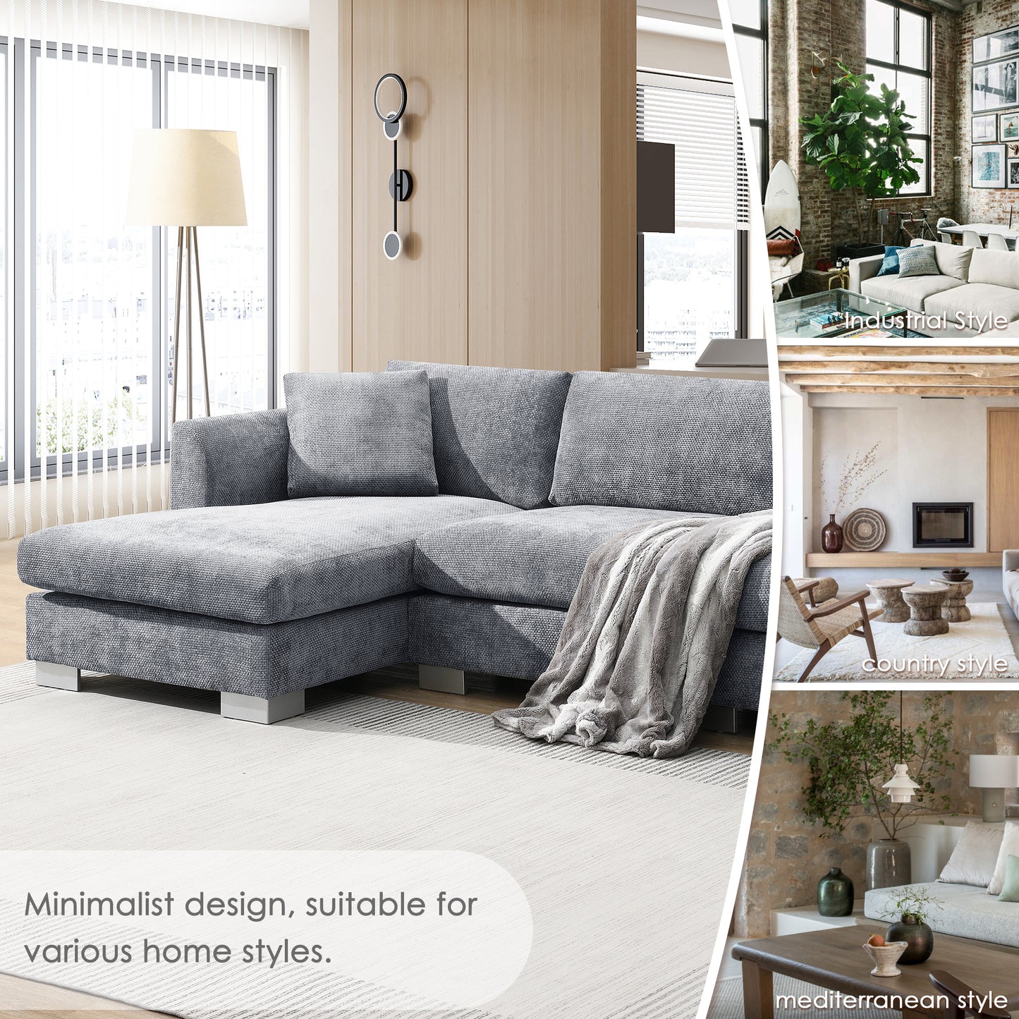 [SantaChoice] 96*56" Modern Cloud Sectional Sofa,L-shaped Luxury Couch Set with 2 Free pillows,4-seat Chenille Indoor Furniture with Oversized Chaise for Living Room,Apartment,Office,3 Colors