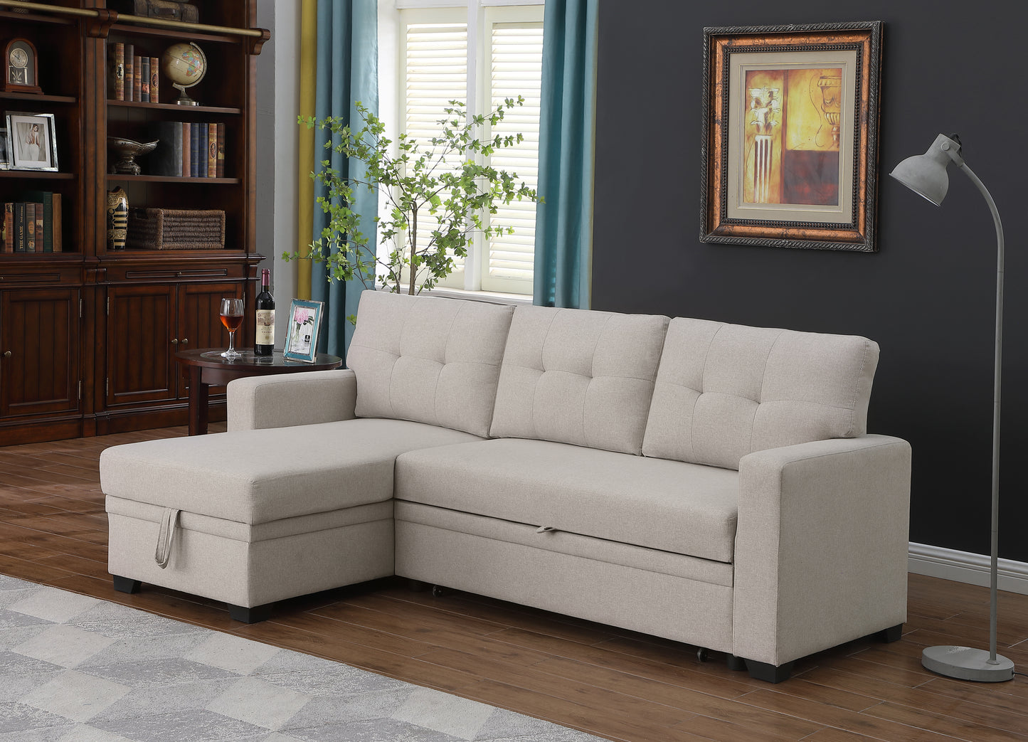 [SantaChoice] Upholstered Pull out Sectional Sofa with Chaise