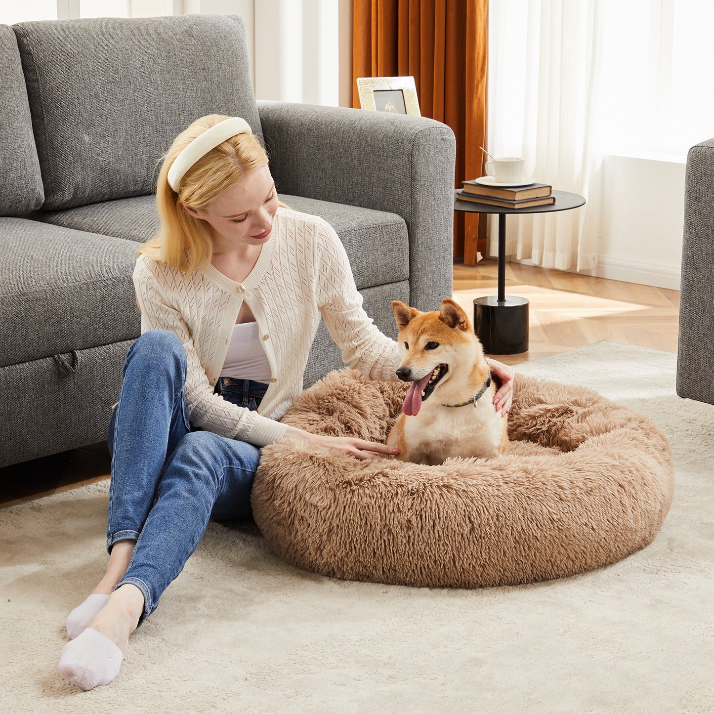 Anti-Slip Round Fluffy Plush Faux Fur Cat Bed, medium  Brown