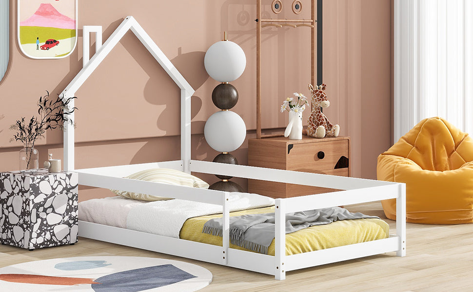 Twin Size Wood bed with House-shaped Headboard Floor bed with Fences,White