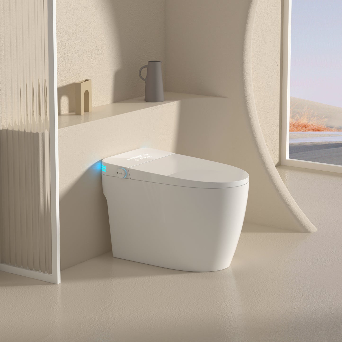 Smart Toilet with Voice Control and Bubble Shield, Heated Bidet Seat, Portable toilet with bidet built in, AUTO Open&Close, toilet with Dryer and Warm Water,Tankless Toilet in 1.28GPF,White Screen