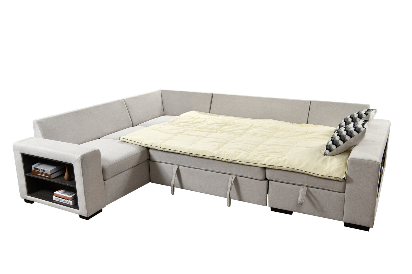 [SantaChoice] 125'' Modern U Shaped 7 Seat Sectional Sofa Couch with Cabinet,Sofa Bed with Storage Chaise-Pull Out Couch Bed for Living Room,Beige