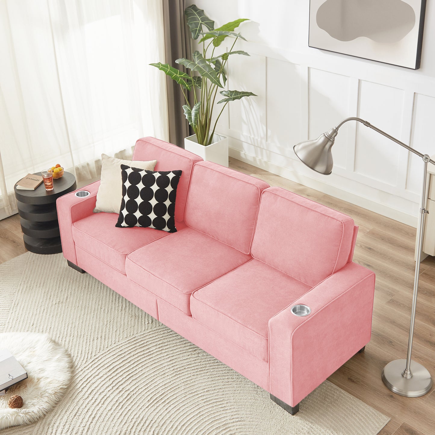 [SantaChoice] 83.86" Snowfleece Fabric sofa,Modern Compressed Couch,3-Seater Sofa, Furniture for Living Room,Bedroom,office ,Pink