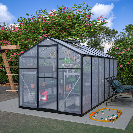 6' x 12' Thicked Polycarbonate Greenhouse, Greenhouse with Double Flush Door, Rain Gutter and Ventilation Window, Green House for Sunroom, Garden, Backyard, Walk-in Large Winter Greenhouse