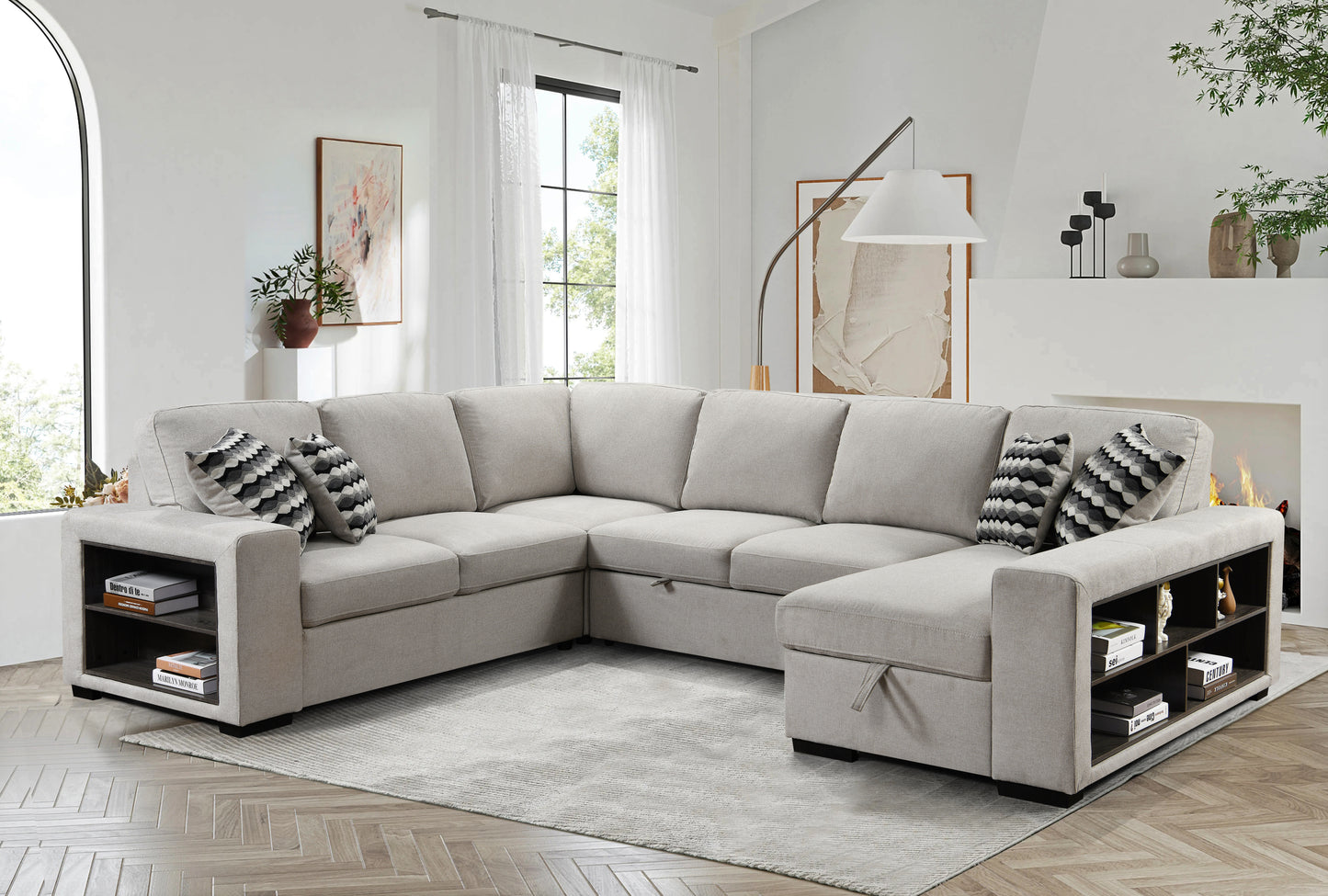 [SantaChoice] 125'' Modern U Shaped 7 Seat Sectional Sofa Couch with Cabinet,Sofa Bed with Storage Chaise-Pull Out Couch Bed for Living Room,Beige