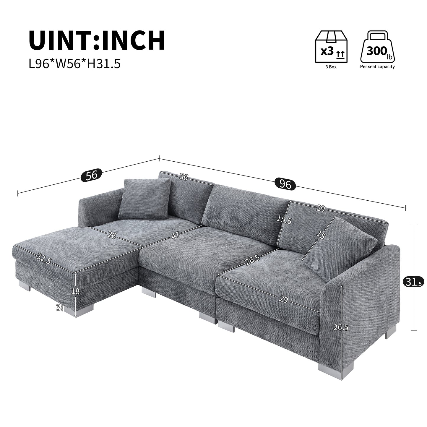 [SantaChoice] 96*56" Modern Cloud Sectional Sofa,L-shaped Luxury Couch Set with 2 Free pillows,4-seat Chenille Indoor Furniture with Oversized Chaise for Living Room,Apartment,Office,3 Colors