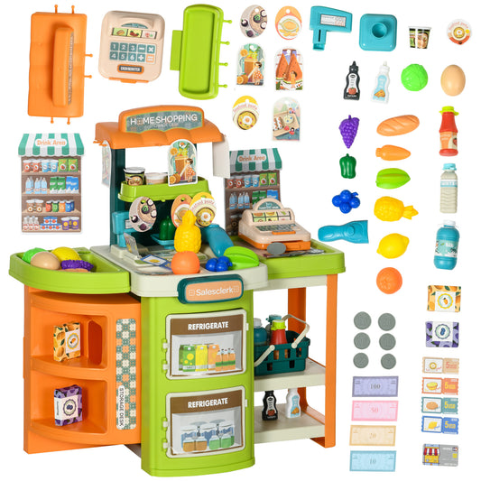 58Pcs Grocery Store Pretend Play Kids Trolley with Cash Register Stand, Foldable Play Store for Kids with Scanner, Play Food Vegetable, Extra Storage for Boys and Girls Ages 3-6 Years Old