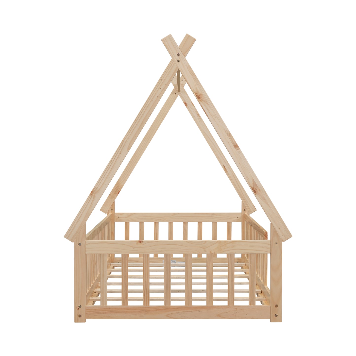 Twin Tent-shaped Floor Bed, Teepee Bed with Guardrails, Slats,Natural