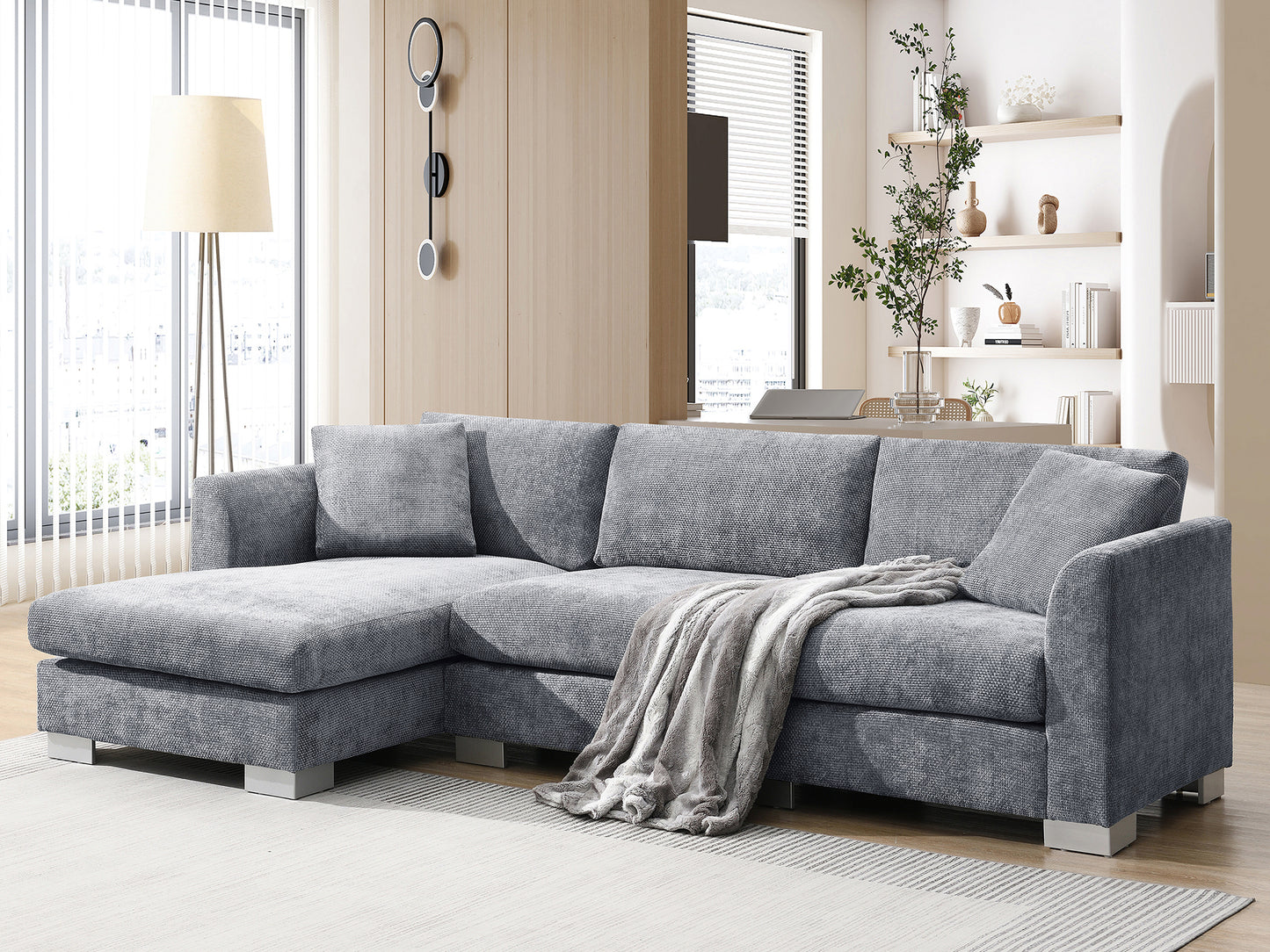 [SantaChoice] 96*56" Modern Cloud Sectional Sofa,L-shaped Luxury Couch Set with 2 Free pillows,4-seat Chenille Indoor Furniture with Oversized Chaise for Living Room,Apartment,Office,3 Colors