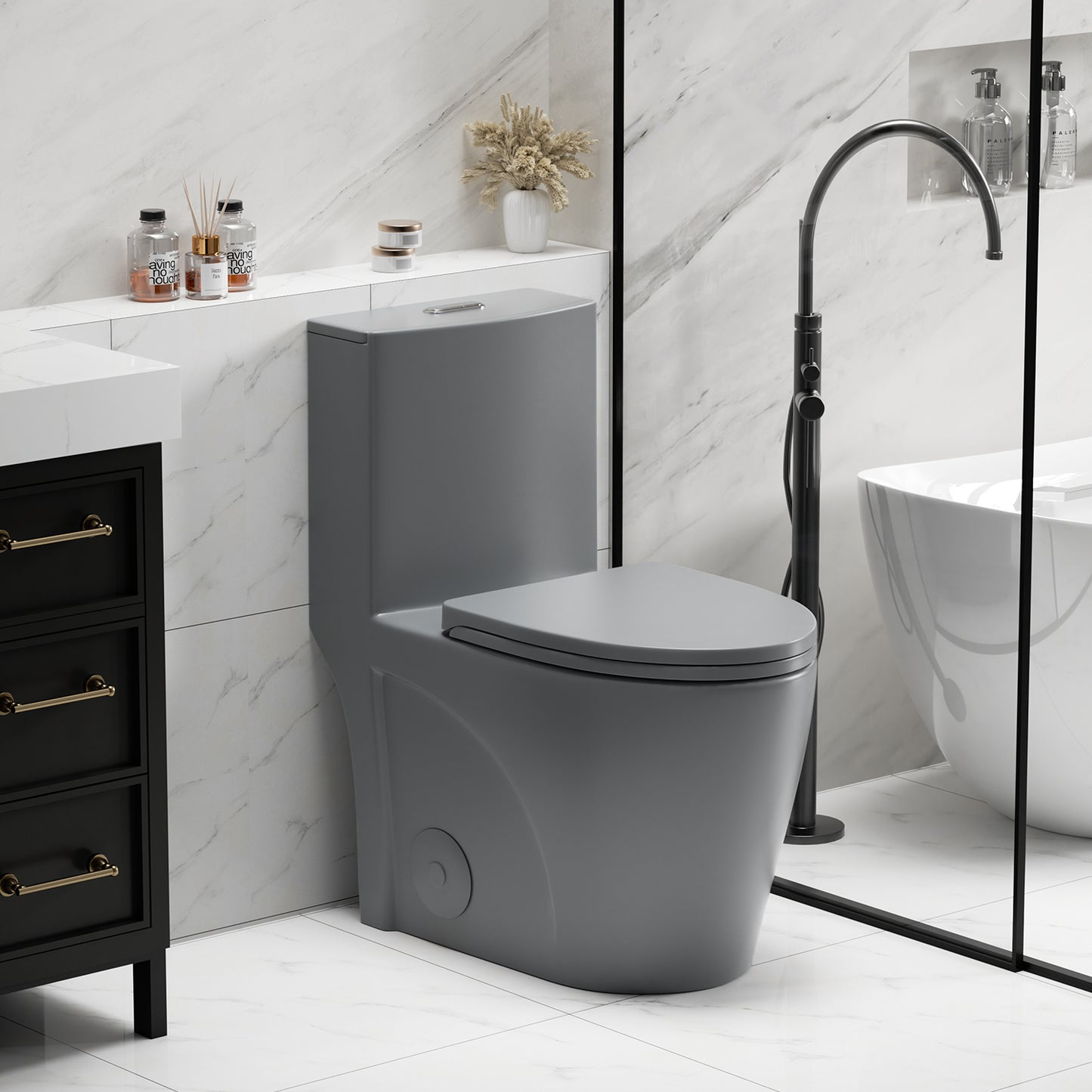 1.1/1.6 GPF Dual Flush One-Piece Toilet, Button on Tank top S-trap 12 inches, Elongated Bowl with Soft Close Seat, Water-Saving MAP 1000g, Comfort Chair Seat ADA Height, Light Grey LG-001