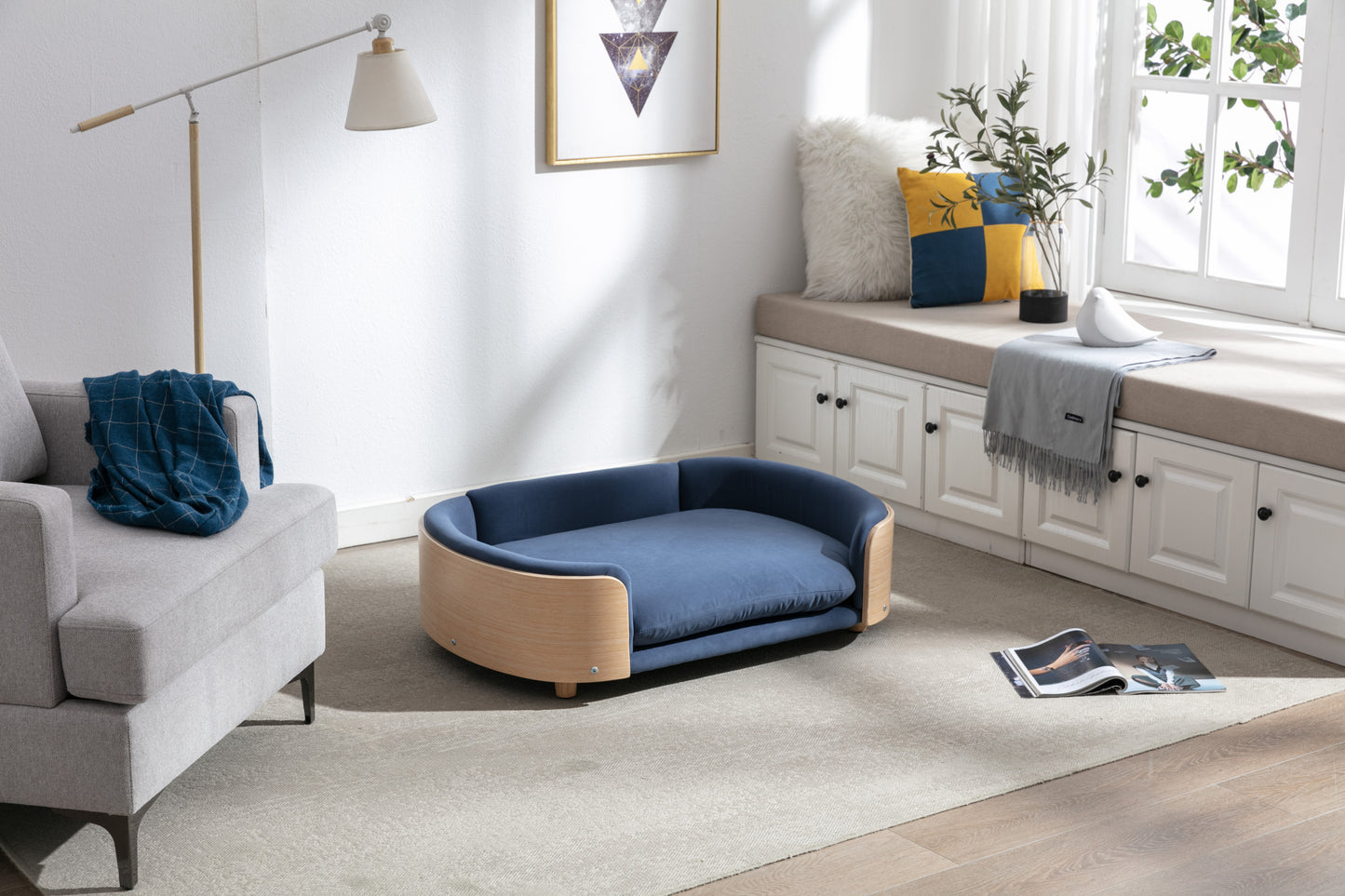 Scandinavian style Elevated Dog Bed Pet Sofa With Solid Wood legs and Bent Wood Back, Velvet Cushion,Large Size